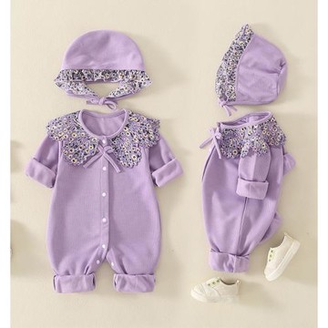 新生嬰兒連體衣春裝洋氣紫色長袖哈衣滿月女寶寶公主春秋百天套裝