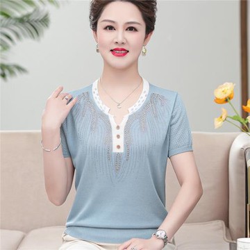 2022新款大碼小衫中老年媽媽夏裝冰絲上衣女中年女裝洋氣短袖t恤