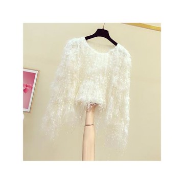 2025秋冬新款韓版洋氣鏤空流蘇圓領長袖短款毛衣女慵懶風針織衫潮