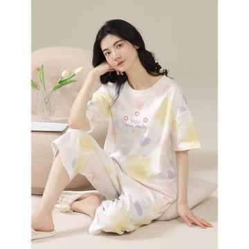 芬騰可安睡衣夏天春秋季薄款純棉短袖休閑全棉新款家居服女士套裝