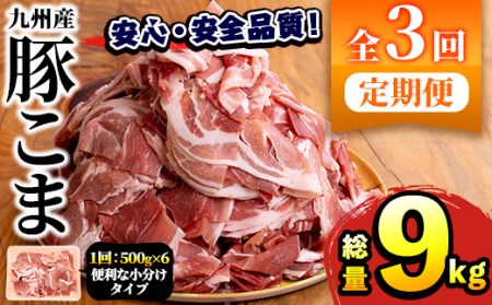 akune-5-29 ＜定期便・全3回＞豚肉こま切れ(500g×6パック×3回・総量9kg)国産 ぶた肉 肉 お肉 豚こま 豚小間 野菜炒め 小分け 個包装 小間切れ 冷凍 定期便 5-29