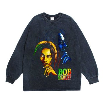 數碼直噴雷鬼樂鮑勃馬利Bob Marley印花長袖T恤寬松男女重磅純棉