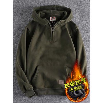 軍綠色連帽衛衣男潮ins秋冬款加絨美式潮流寬松工裝外套休閑上衣