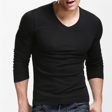 V領打底衫男長袖彈力修身體恤純色V領秋季韓版打底衫 男士t恤純棉