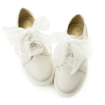 歐根紗絲帶蕾絲透氣休閒鞋 灰杏 GC103GY