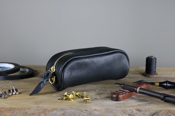 黑澀植鞣牛革筆袋/收納袋-素面