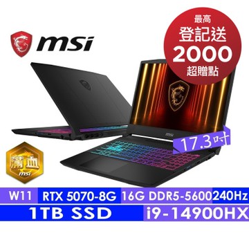MSI微星 Katana 17 HX B14WGK-037TW 17.3吋電競筆電(i9-14900HX/16G/1T SSD/RTX5070-8G/Win11)