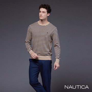 Nautica男裝 恆溫透氣條紋長袖針織衫-卡其色