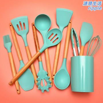 【木柄防燙】硅膠廚具套裝 烹飪鏟勺套裝 廚房用具 烘焙工具 不粘鍋專用 耐高溫 無懼刮擦 十二件套 家用廚房必備