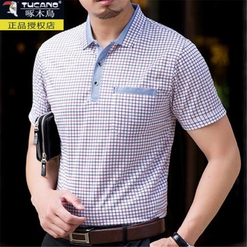 啄木鳥2025爸爸夏裝中年男士t恤短袖純棉中老年條紋夏季薄款半袖