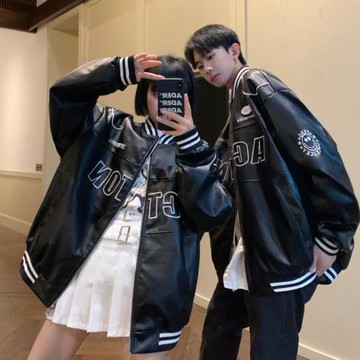 情侶裝春秋季潮牌嘻哈oversize寬松刺繡棒球服男女PU皮衣夾克外套