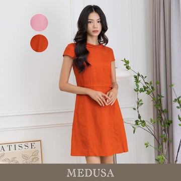 現貨【MEDUSA 曼度莎】小圓領復古亞麻洋裝 - 2色（M-XL）｜短洋裝 涼感透氣亞麻