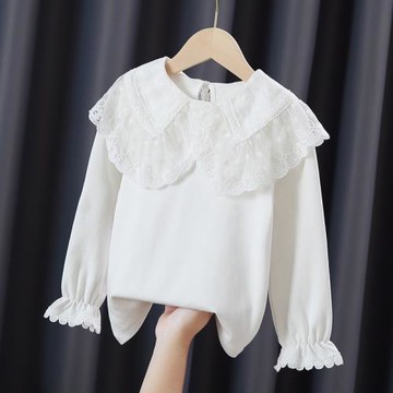 女童翻領t恤打底衫春秋季小女孩洋氣公主白色娃娃領學生百搭上衣