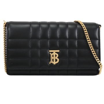 BURBERRY 巴寶莉  Lola 金屬LOGO格紋車線小羊皮翻蓋斜背鍊包(黑/金)