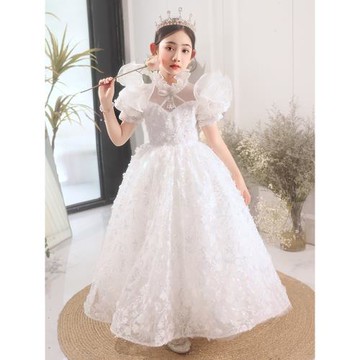 結婚花童禮服女童秋季小女孩生日高端公主裙兒童鋼琴演出服白色