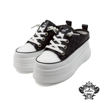 【Orobianco】皮質方格壓紋造型厚底增高休閒鞋 黑色(OR545005W-BL)