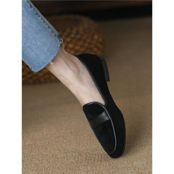 圓頭深口單鞋女低跟2025年春款磨砂羊皮樂福女鞋復古平底小皮鞋女