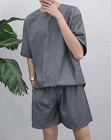 FINDSENSE品牌 時尚潮流 男 寬鬆 純色素面簡約 休閒套裝 運動套裝 衣服+褲子