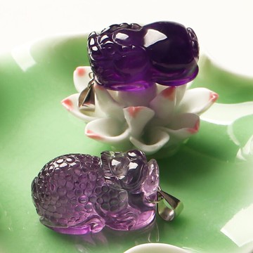 親寶水晶天然烏拉圭紫水晶吊墜女款雕紫晶納財貔貅送S925銀肖邦鏈