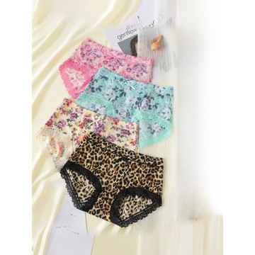 彩田內褲女士正品 冰絲中腰高腰平角褲性感蕾絲邊石墨烯抗菌短褲