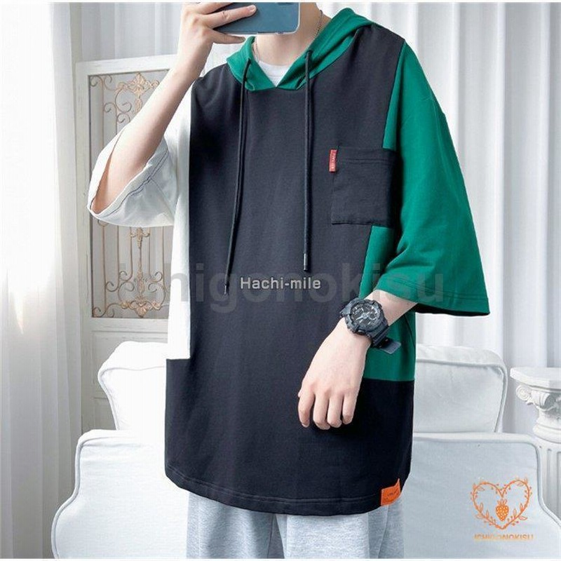 半袖パーカー メンズ 七分袖 パーカー 大きいサイズ 薄手 英語柄