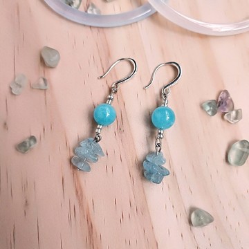 J008-天然石珠串耳環 海藍寶碎石 海藍寶水晶