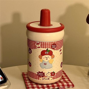 高顏值保溫杯學生上學專用吸管杯子2024新款女蘋果小狗水杯大容量