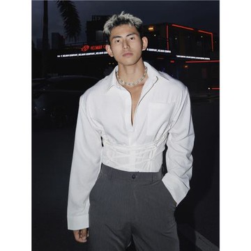 PAPASLILMONSTER【原創】美式復古綁帶高級設計感休閑長袖襯衫