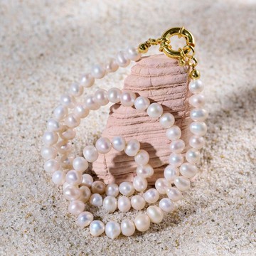 天然白色淡水珍珠項鍊 5-6mm 金色航海扣 時尚別緻 聖誕節禮物