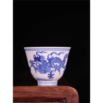 明成化青花手繪雙龍紋茶杯鈴鐺杯景德鎮古玩古董陶瓷器仿古茶具