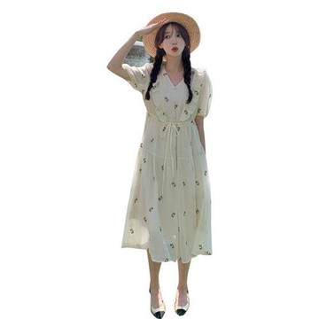 【巴黎精品】連身裙短袖洋裝-V領木耳邊繡花飄逸女裙子a1fc23