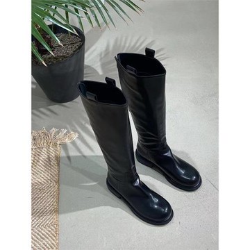 秋冬新款真皮版水洗馬皮紋時裝靴女~圓頭粗跟后拉鏈皺褶軟面長靴