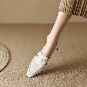 Tisdaini里外全皮~白色小方頭中跟樂福鞋女春秋黑色百搭單鞋5.5cm