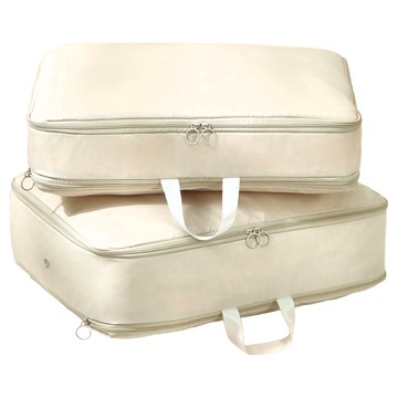 MODCON 摩肯 雙拉鍊羽絨衣物壓縮收納包 斜紋布+防潑水尼龍布 旅行收納  米白色  L(54 x 42 x 33cm) + S(40 x 30 x 18cm)