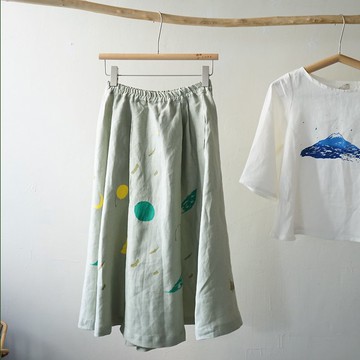 超可愛灰綠寬寬山、雨點、小手/星球設計亞麻口袋打褶褲裙