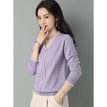 春裝紫色毛衣女v領2025春季新款打底小衫春秋款洋氣蕾絲針織上衣