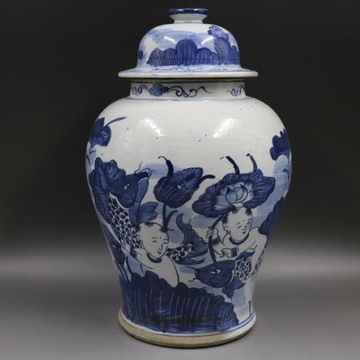 清康熙青花荷花人物將軍罐家居老貨復古裝飾瓷器擺件古董古玩收藏1入