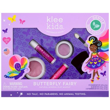 美國 Klee Kids - 蝴蝶仙子彩妝組-丁香紫礦物眼影盒(2g)+柔玫粉礦物腮紅盒(3.5g)+粉檸檬亮光潤唇膏+(4.2...