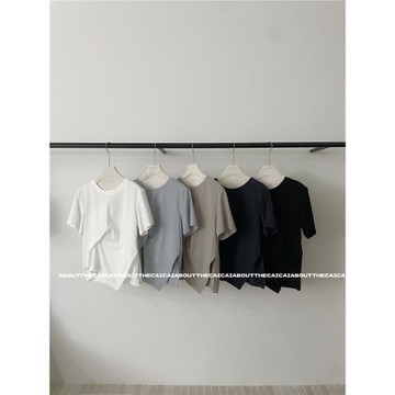 CAICAI褶皺設計感純色短袖T恤女韓系簡約休閑寬松基礎款透氣上衣
