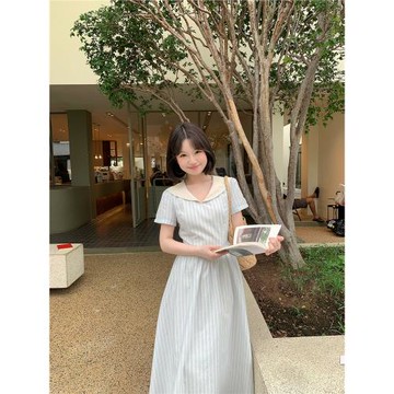 (免運)板栗西西【條紋定律】夏日設計時尚收腰顯瘦條紋海軍領短袖連衣裙