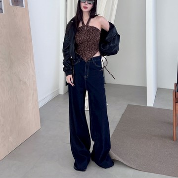 【隨性深藍色】DOMISS牛仔落地長褲  高腰顯瘦寬褲 牛仔褲 寬鬆長褲(現貨)