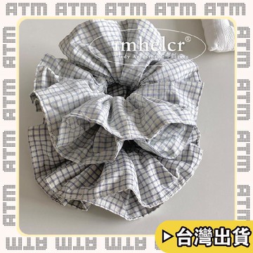 🔥臺灣出貨🔥可開發票✅輕飾時光日韓清新海鹽藍格紋雙層大腸髮圈miu系學院風百搭後腦勺發繩新款