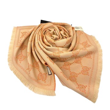 GUCCI 經典GG緹花印花雙色編織羊毛圍巾(粉橘)