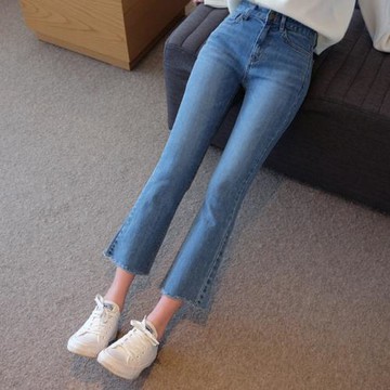藍色高腰微喇叭牛仔褲女夏季春秋2025年新款小個子彈力顯瘦八分褲