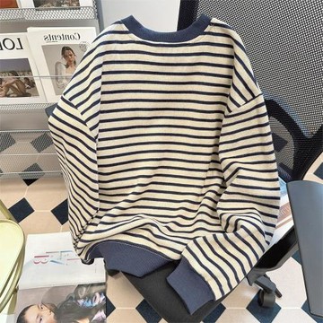 日系復古慵懶風條紋圓領衛衣男女秋冬加絨小眾休閑百搭長袖上衣潮