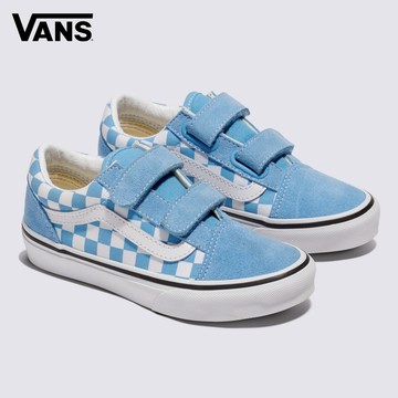 Old Skool V 中童款藍色棋盤格滑板鞋