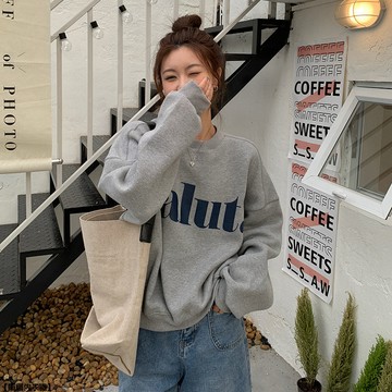 韓版圓領衛衣女秋冬寬鬆顯瘦慵懶風美式復古印花加絨上衣
