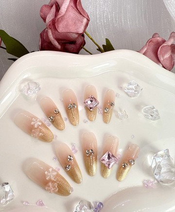 【TING】香檳玫光 - 裸粉金漸層貓眼穿戴甲 S碼