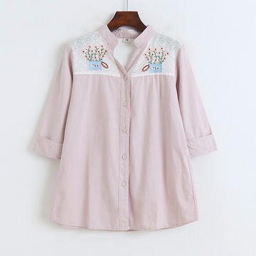 小立領刺繡紐扣開衫拼接繡花棉麻七分袖寬松休閑女襯衣上衣F/15-2