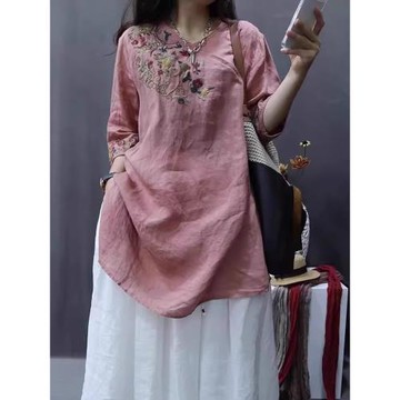 天絲亞麻襯衫女2025新款夏季v領短袖t恤女胖mm大碼刺繡苧麻上衣
